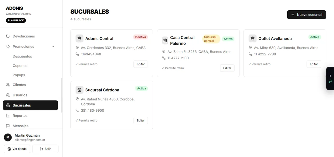 Centro de sucursales y transferencias