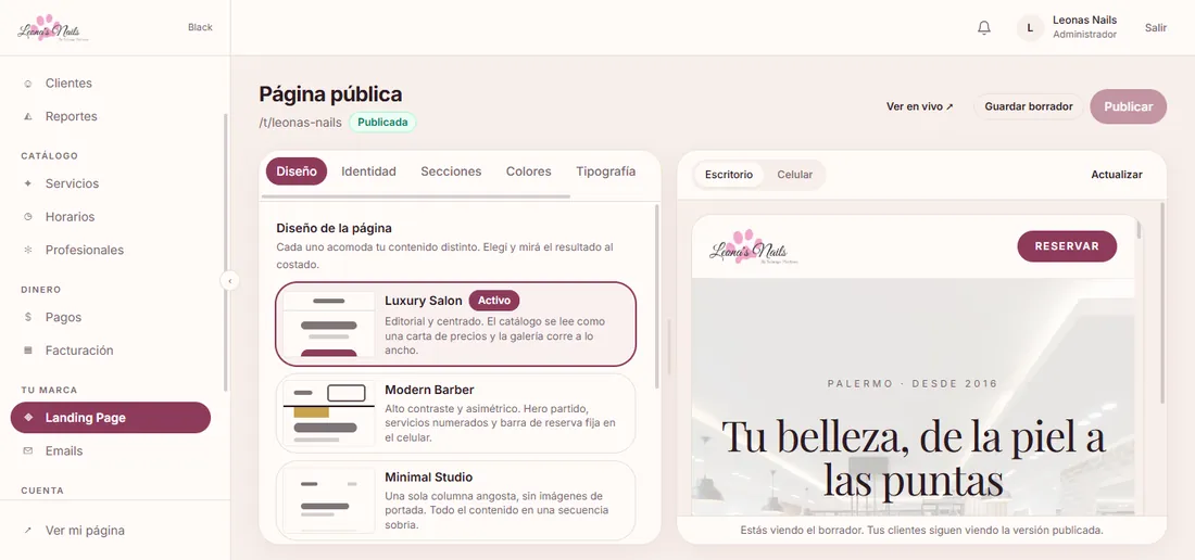 Editor visual de la página del negocio